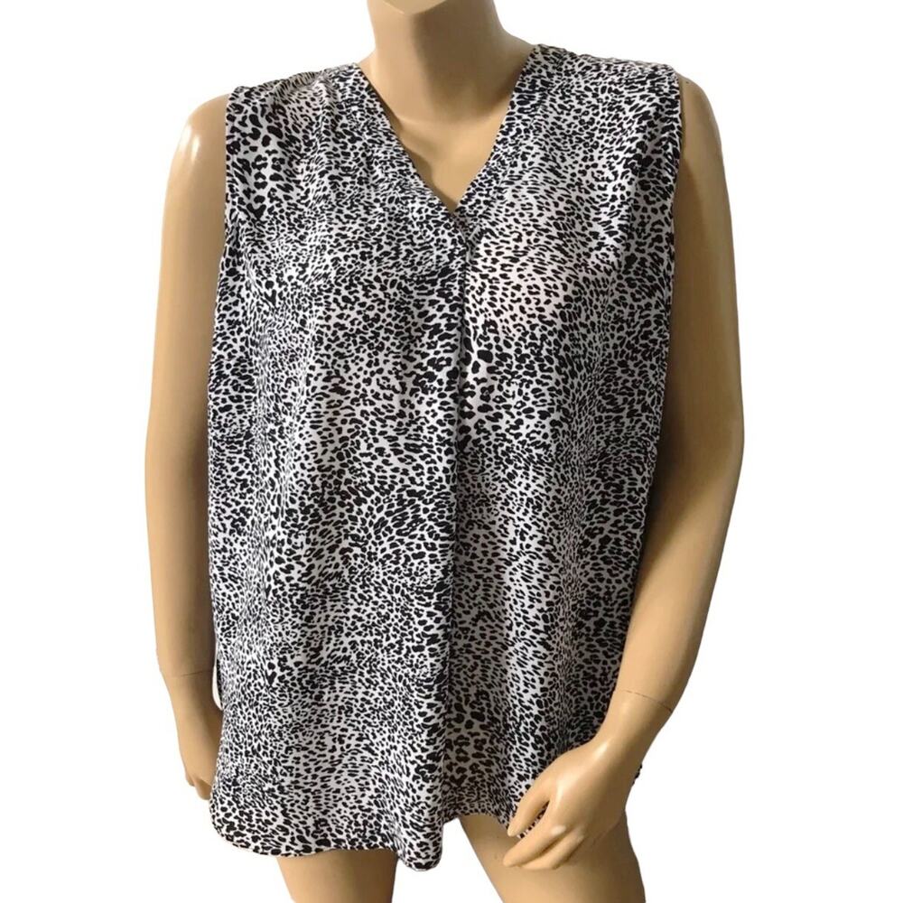 Rachel Zoe Womens Plus 1X Animal Print Sleeveless Blouse V Neck Black White Top